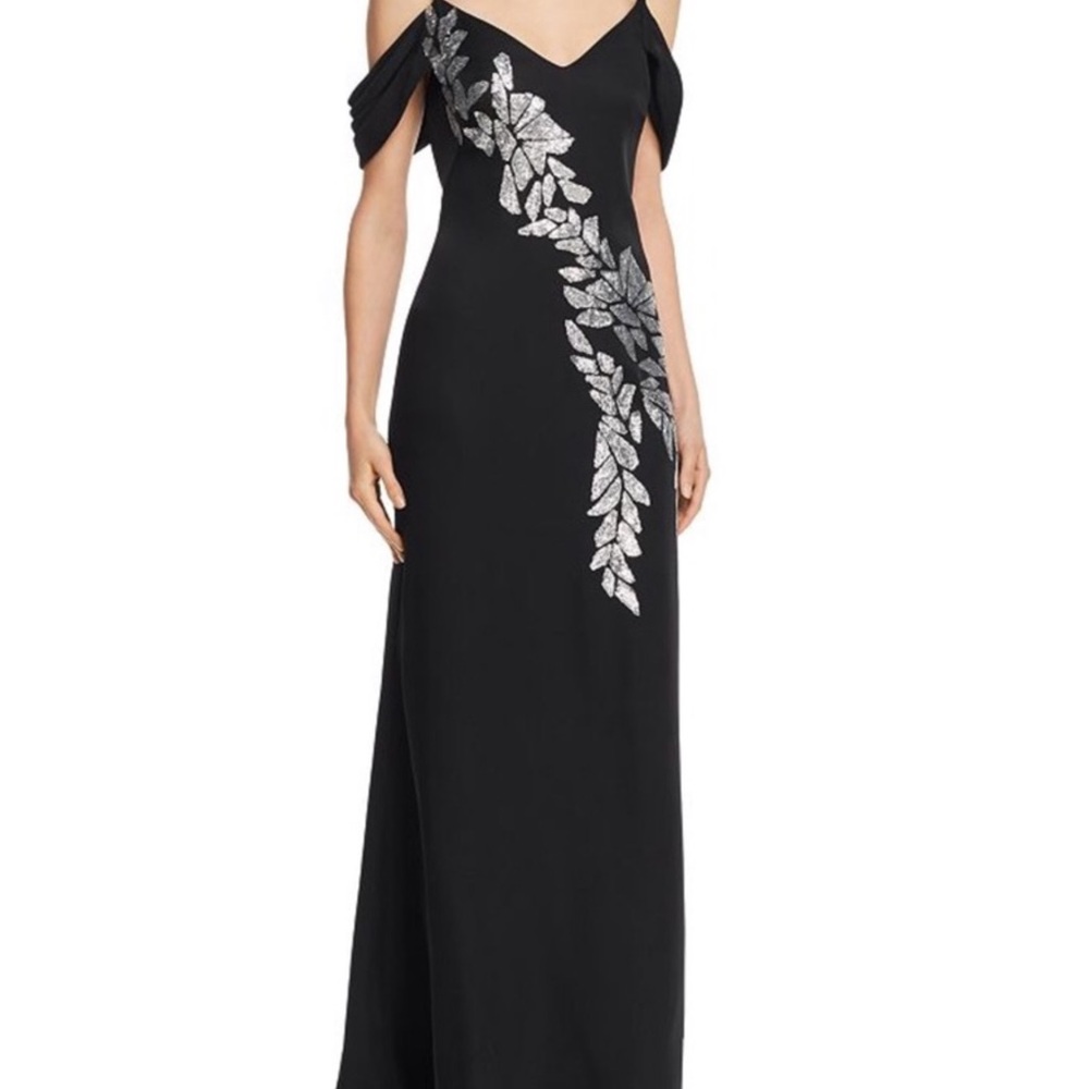 Tadashi Shoji Black Gown with Silver Leaf Accent